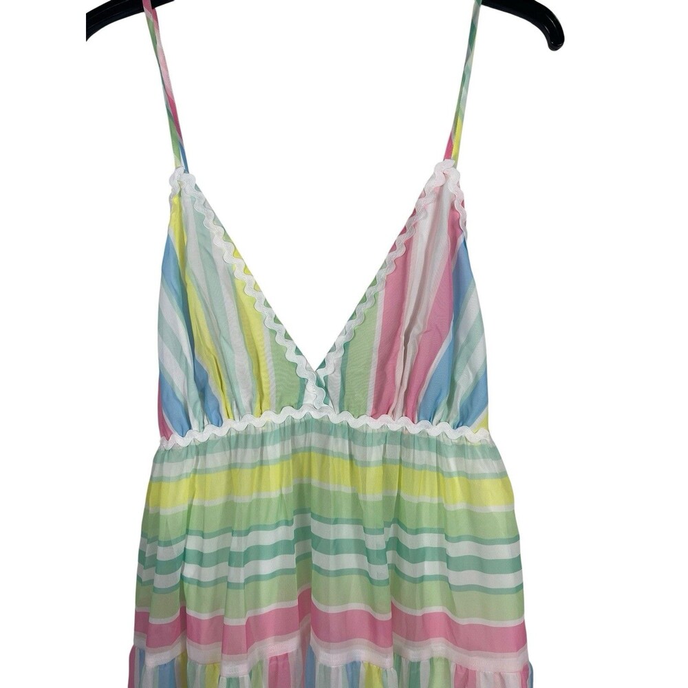NWT Pastel Stripe Maxi Dress Cottage Coquette Beachy Tiered Tie Back Sundress S - Picture 3 of 15